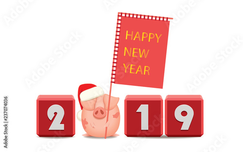 Little fat pig with textual banner and cubes with numbers creates year 2019,Happy New Year concept