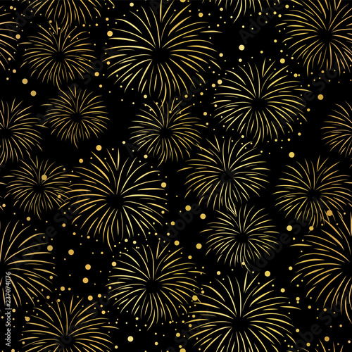 Firework seamless vector pattern. Gold foil isolated. Metallic shiny fireworks on black background. Bright decoration Christmas card, Happy New Year celebration, anniversary, festival, party, July.