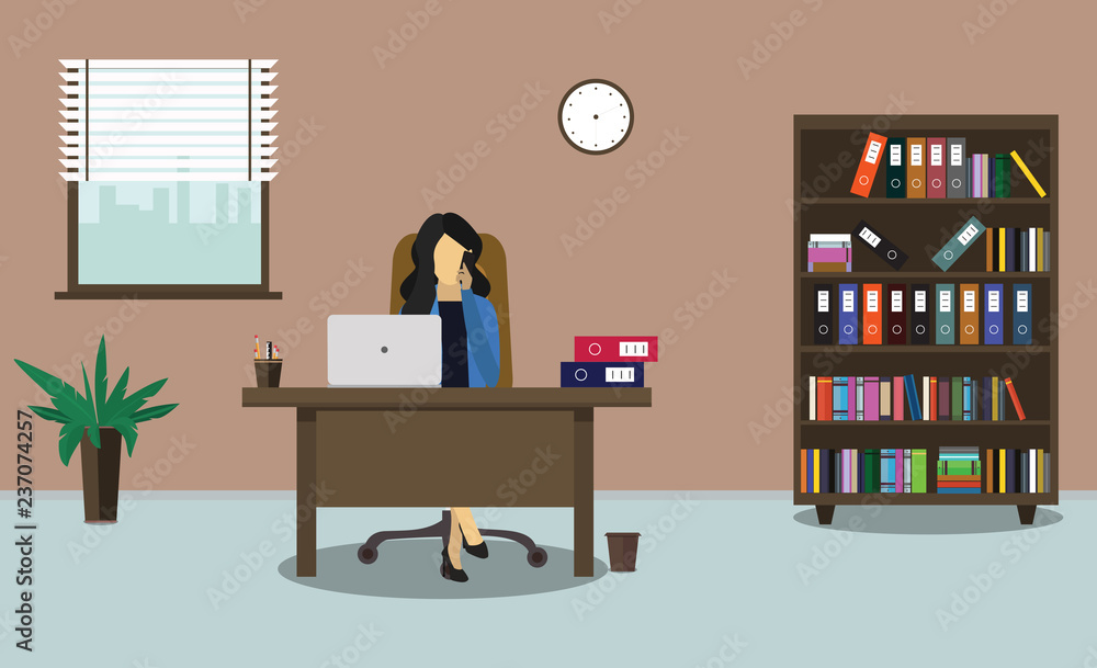 Business woman talking on the phone in office. Office workplace with table, bookcase, window, desk, chair, clock. Vector illustration.