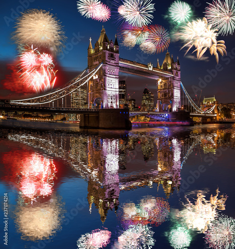 Tower Bridge with firework in London, England (celebration of the New Year)