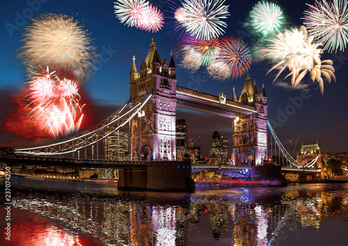 Photography Tower Bridge with firework in London, England (celebration of the New Year)