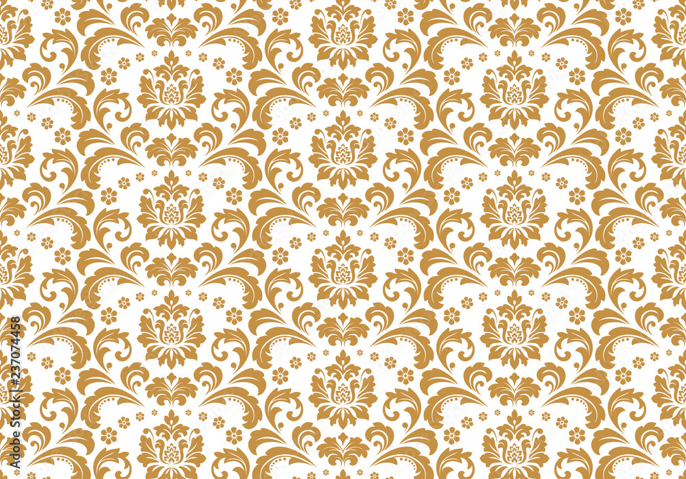 Wallpaper in the style of Baroque. Seamless vector background. White and gold floral ornament. Graphic pattern for fabric, wallpaper, packaging. Ornate Damask flower ornament Wallpaper in the style of Baroque. Seamless vector background. White and gold floral ornament. Graphic pattern for fabric, wallpaper, packaging. Ornate Damask flower ornament