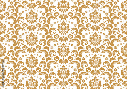 Wallpaper in the style of Baroque. Seamless vector background. White and gold floral ornament. Graphic pattern for fabric, wallpaper, packaging. Ornate Damask flower ornament