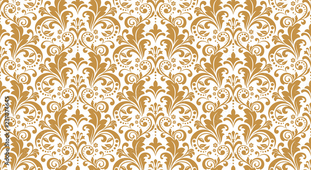 Wallpaper in the style of Baroque. Seamless vector background. White and gold floral ornament. Graphic pattern for fabric, wallpaper, packaging. Ornate Damask flower ornament Wallpaper in the style of Baroque. Seamless vector background. White and gold floral ornament. Graphic pattern for fabric, wallpaper, packaging. Ornate Damask flower ornament
