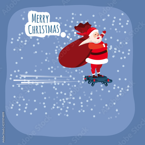 Santa Claus on a hoverboard flies with a bag of gifts around the Earth. Congratulations on a Merry Christmas and Happy New Year. Vector, banner, poster, greeting card, illustration, isolated