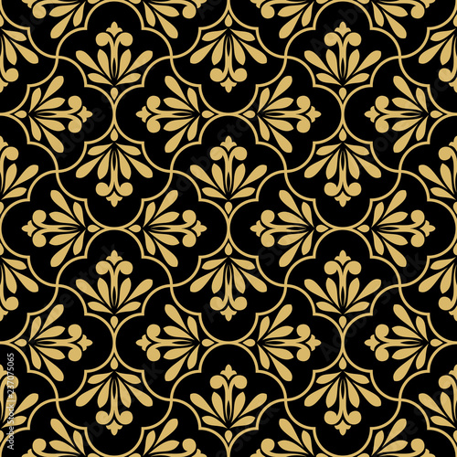 Flower geometric pattern. Seamless vector background. Gold and black ornament. Ornament for fabric  wallpaper  packaging. Decorative print