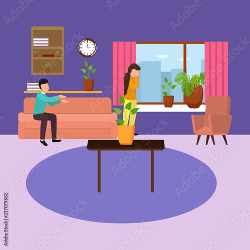A vector image of a tense home environment. Vector illustration of a cartoon man sitting on the sofa says wife is crying.