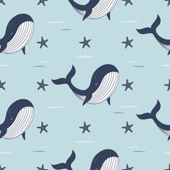 Fototapete Maritime Tiermuster Verspielte Wale Maritimes Kindermotiv  © StockVector