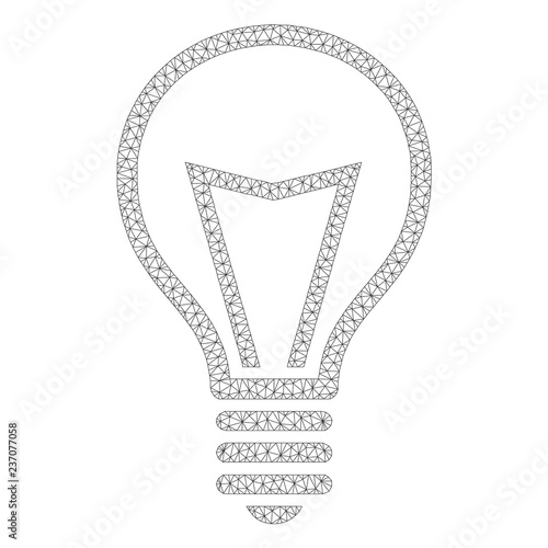 Mesh vector lamp bulb on a white background. Polygonal carcass dark gray lamp bulb in low poly style with connected triangles, nodes and linear items.