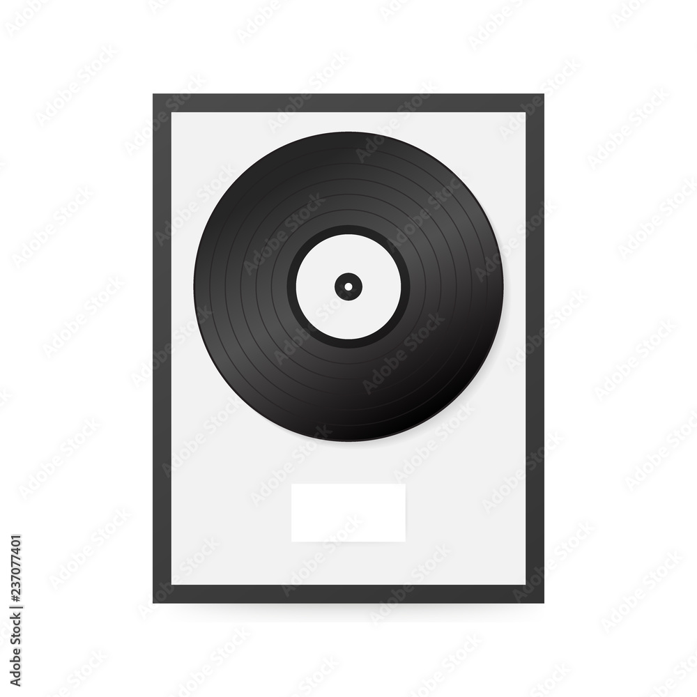 Obraz premium Realistic vinyl in frame on wall. Collection disc, template design element. Vector illustration.