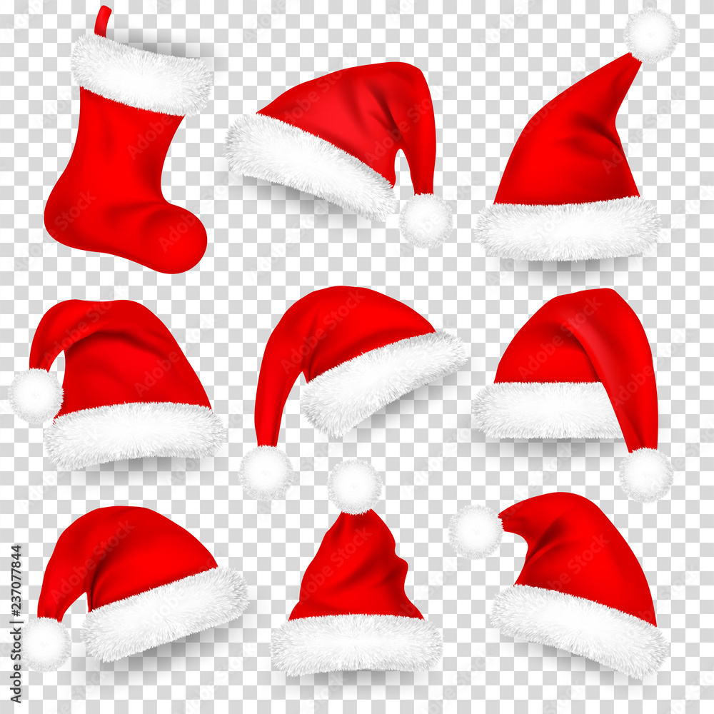 Christmas Santa Claus Hats With Fur Set, Sock. Xmas, New Year Red Hat With Shadow. Winter Cap. Vector illustration. Christmas Santa Claus Hats With Fur Set, Sock. Xmas, New Year Red Hat With Shadow. Winter Cap. Vector illustration.