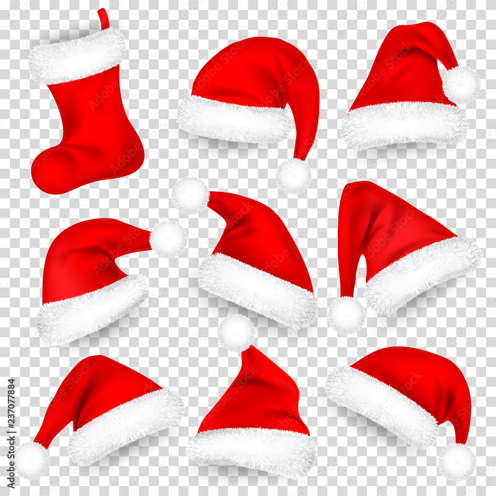 Christmas Santa Claus Hats With Fur Set, Sock. Xmas, New Year Red Hat With Shadow. Winter Cap. Vector illustration. Christmas Santa Claus Hats With Fur Set, Sock. Xmas, New Year Red Hat With Shadow. Winter Cap. Vector illustration.