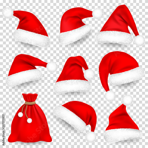 Christmas Santa Claus Hats With Fur Set, Bag, Sack. Xmas, New Year Red Hat With Shadow. Winter Cap. Vector illustration.