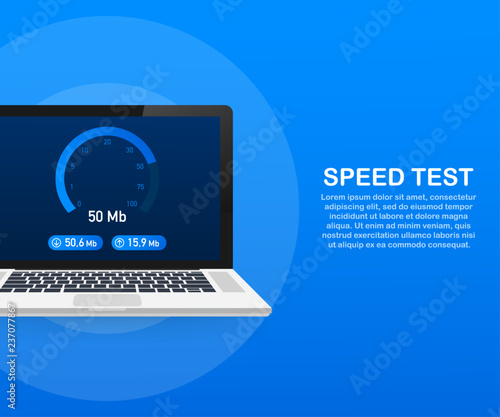Speed test on laptop. Speedometer Internet Speed 100 mb. Website speed loading time. Vector illustration.