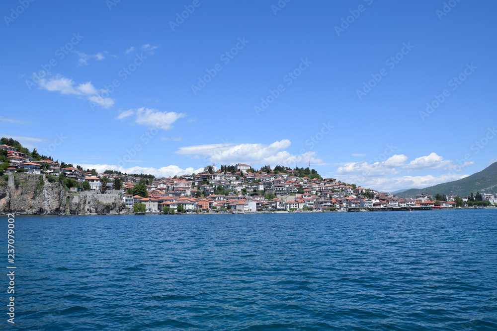 Harbor in Ohrid town with city landscape. Ohrid, Macedonia