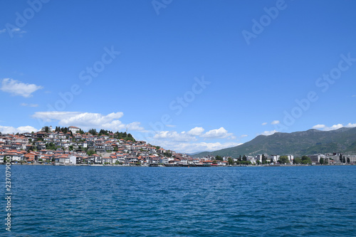 Harbor in Ohrid town with city landscape. Ohrid, Macedonia © arkadiwna