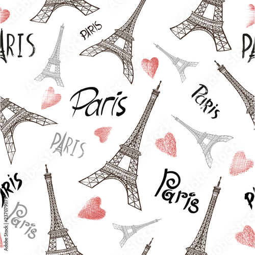 Seamless background with symbols of Paris - Eiffel Tower