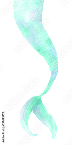 Watercolor hand drawn blue mermaid tail isolated at white background. Magic creature.