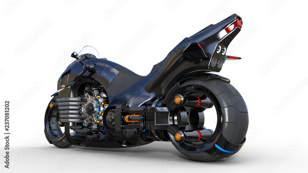 Bike with chrome engine, black futuristic motorcycle isolated on white background, rear view, 3D rendering Bike with chrome engine, black futuristic motorcycle isolated on white background, rear view, 3D rendering