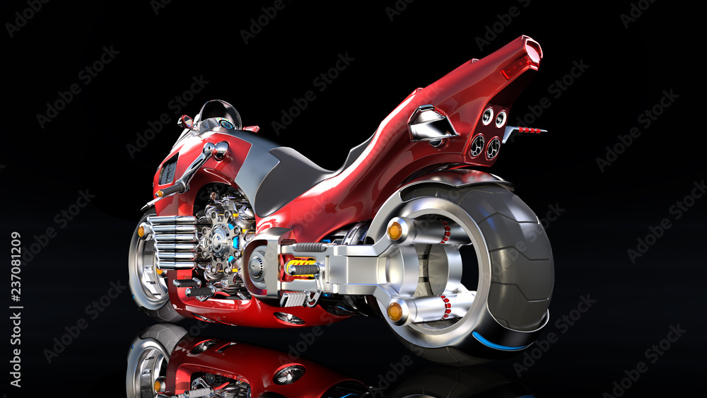 Fototapeta premium Superbike with chrome engine, red futuristic motorcycle isolated on black background, rear view, 3D rendering