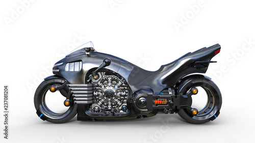 Bike with chrome engine, black futuristic motorcycle isolated on white background, side view, 3D rendering