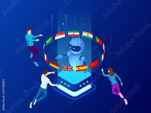 Isometric online language learning with artificial intelligence or Science teacher bot concept. Online language school lifestyle. Education concept