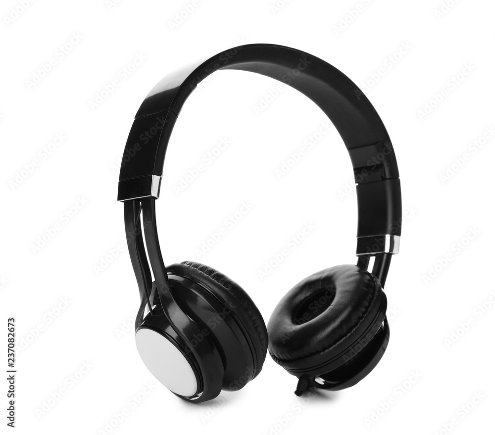 Stylish modern headphones with earmuffs on white background Stylish modern headphones with earmuffs on white background