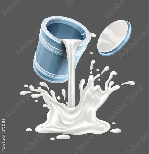 White paint pouring from ar with lid. Realistic splash, splashes
