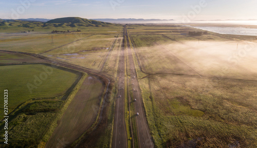 Aerial of fog over highway 37