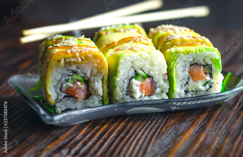 sushi with avocado and salmon