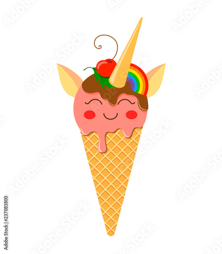 Cute and fantastic ice cream unicorn in a waffle cup with melissa leaves, cherry berry, and a rainbow slice. Flat style illustration