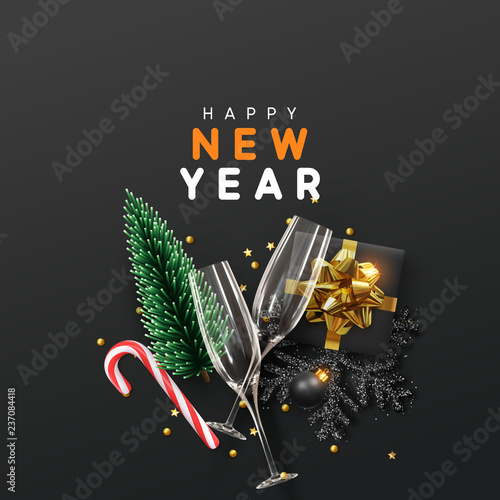 Happy New Year Modern background. Xmas sparkling gold star with gifts box and golden tinsel realistic glasses. Christmas posters, greeting cards, headers, website. Objects viewed from above. Flat lay,
