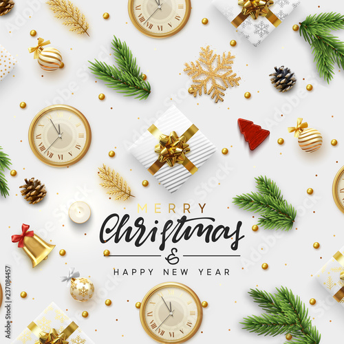 Christmas greeting card. Background Xmas objects viewed from above. Text Merry Christmas and Happy New Year. Vector illustration. flat lay