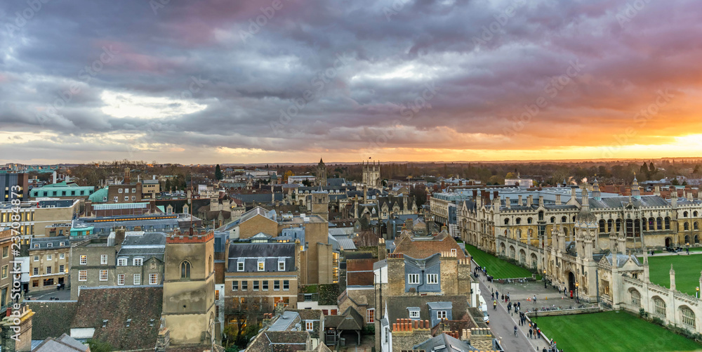 Panoramic view of Cambridge, UK at sunset