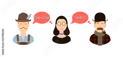 International communication translation concept illustration. tourists or businessmen or politicians from Germany or German speaking countries and England communicate through a girl translator.