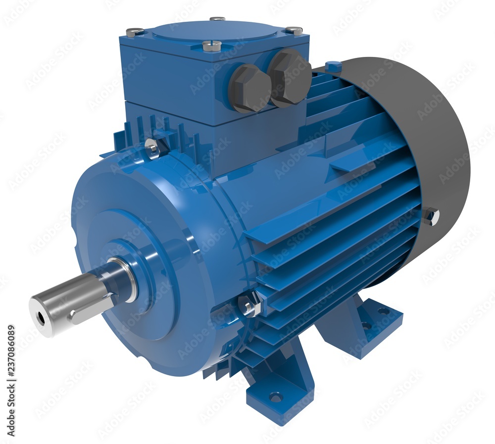 Industrial Blue Electric Motor Isolated on White 3D Illustration