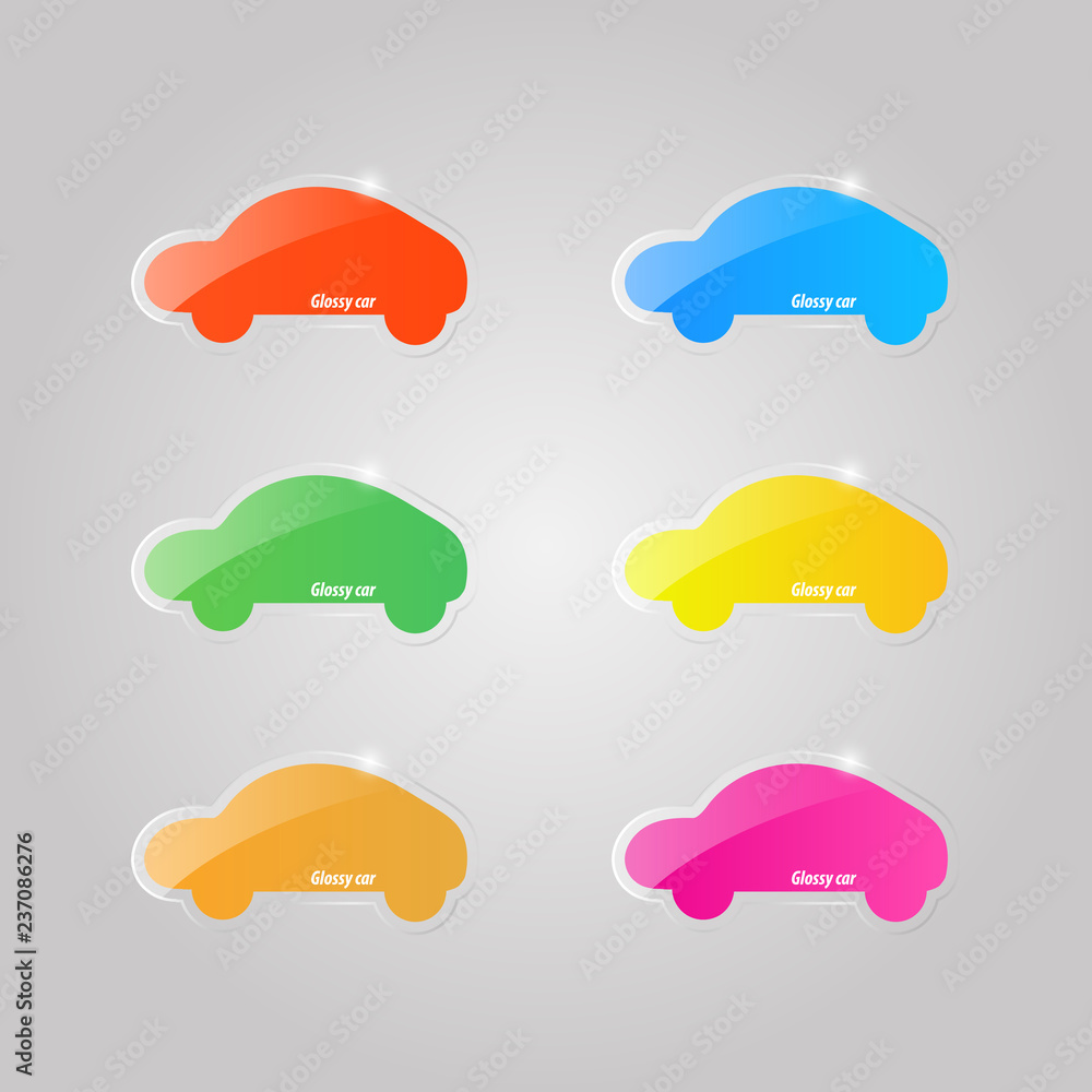 Set of colored glass icons of cars on a gray background. Vector illustration . Set of colored glass icons of cars on a gray background. Vector illustration .