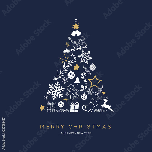 3D Fototapete Baum - Fototapete Greeting card concept with the words Merry Christmas. Abstract Christmas tree shape arranged with festive symbols