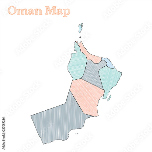Oman hand-drawn map. Colorful sketchy country outline. Vibrant Oman map with provinces. Vector illustration.