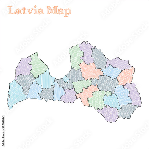 Latvia hand-drawn map. Colourful sketchy country outline. Quaint Latvia map with provinces. Vector illustration.
