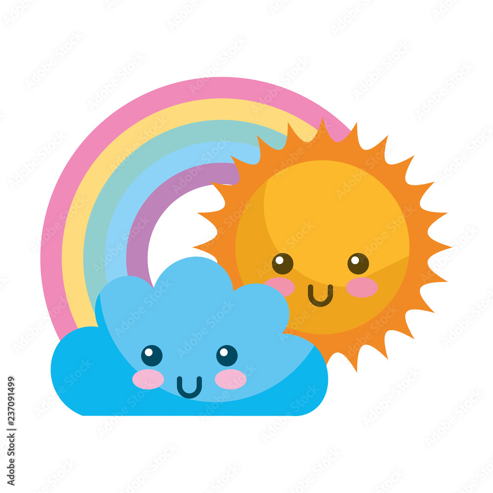 kawaii cloud sun and rainbow cartoon vector de Stock | Adobe Stock