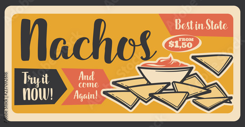 Fast food retro banner for nachos Mexican snack