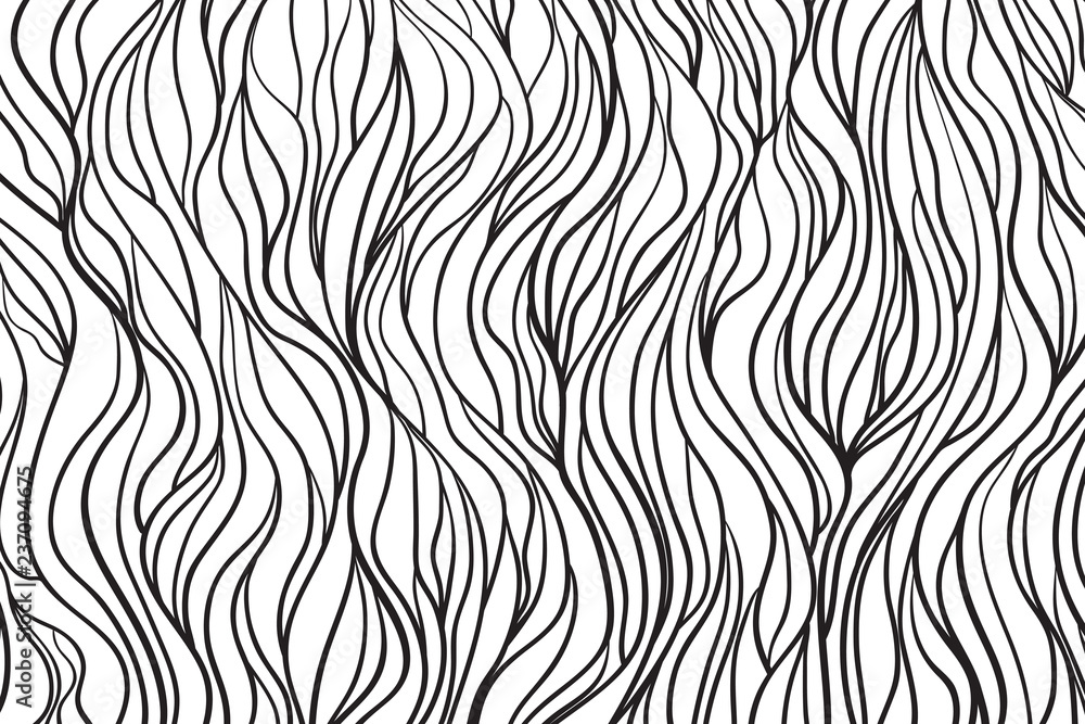 Wavy background. Hand drawn waves. Stripe abstract texture with many lines. Waved pattern. Black and white illustration for banners, flyers or posters