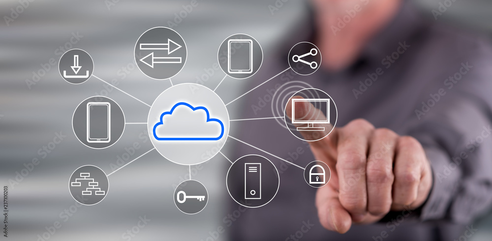 Man touching a cloud computing concept Man touching a cloud computing concept