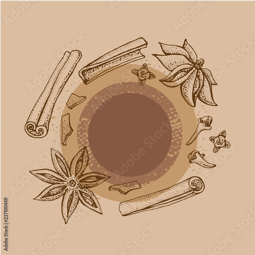 Cinnamon sticks, anise star and cloves. Vector drawing of aromatic spices set. Seasonal food illustration on brown circle. Hand drawn sketch of spice and flavor. Cooking and mulled wine ingredient