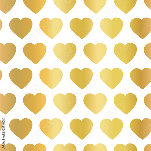 Gold foil hearts seamless vector background. Pattern with shiny golden hand drawn hearts on white background. Use for poster, packaging, girls, women, web banner, Valentine's Day, page fill, wrapping.