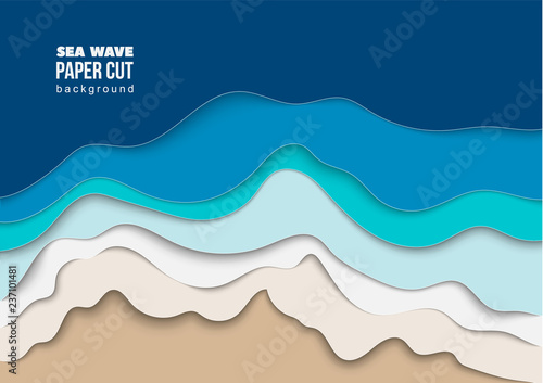 Abstract background. Sea waves cut from paper. The concept of summer recreation and tourism. Template for booklet, invitation, banner, poster. Vector illustration of paper cut out style.