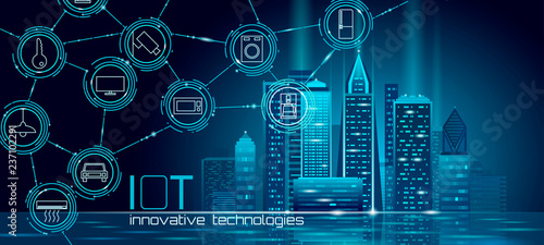 Internet of things low poly smart city 3D wire mesh. Intelligent building automation IOT concept. Modern wireless online control icon urban cityscape technology banner vector illustration