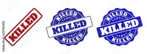 KILLED scratched stamp seals in red and blue colors. Vector KILLED labels with draft texture. Graphic elements are rounded rectangles, rosettes, circles and text labels.