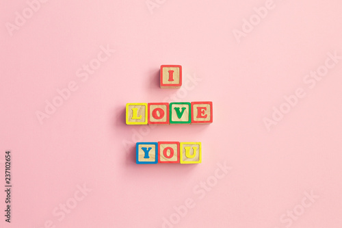 Message I love you spelled in wooden blocks. sign for relationships, romance, love and Valentines day,